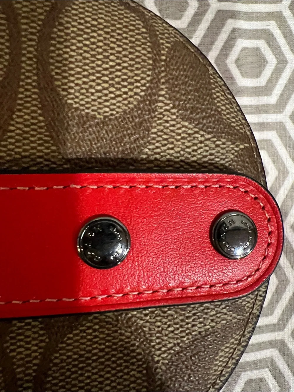 Coach Brown Signature Round Coin Case with Red Trim